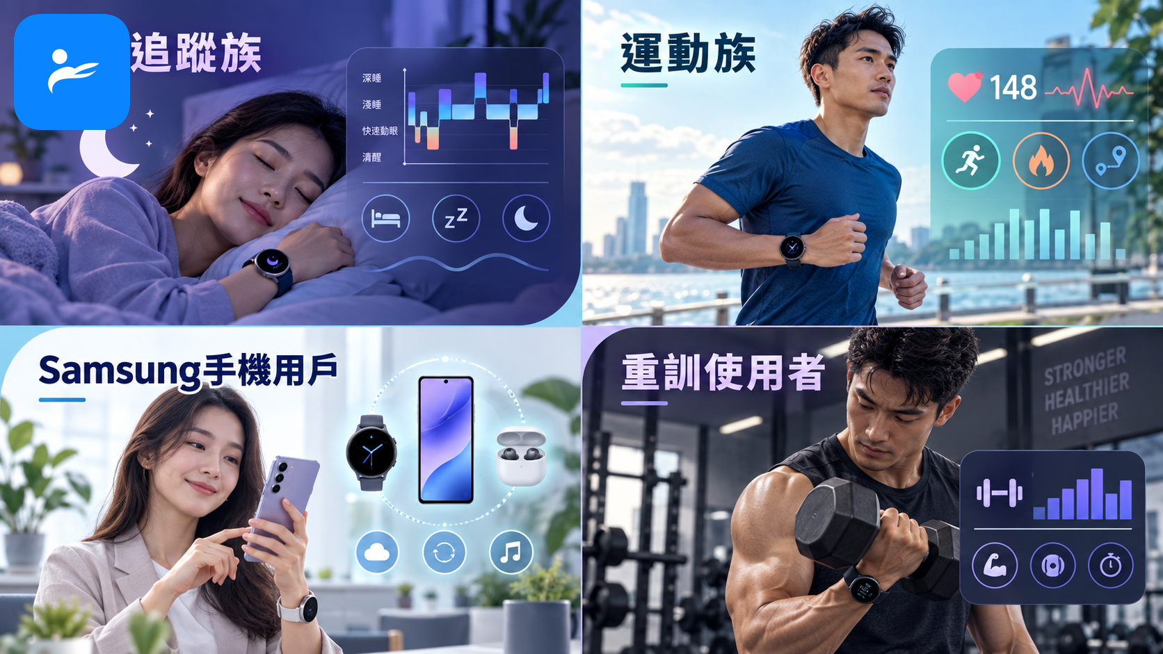 不同使用者情境分組,包含睡眠追蹤族、運動族、Samsung手機用戶與重訓使用者