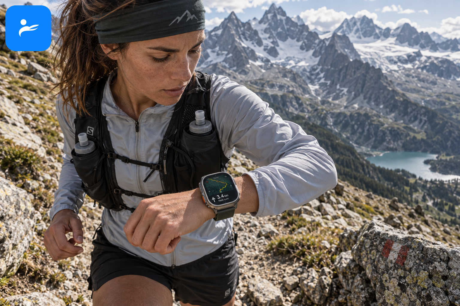 戴著 Apple Watch Ultra 4 的越野跑者在山徑查看雙頻 GPS 路線