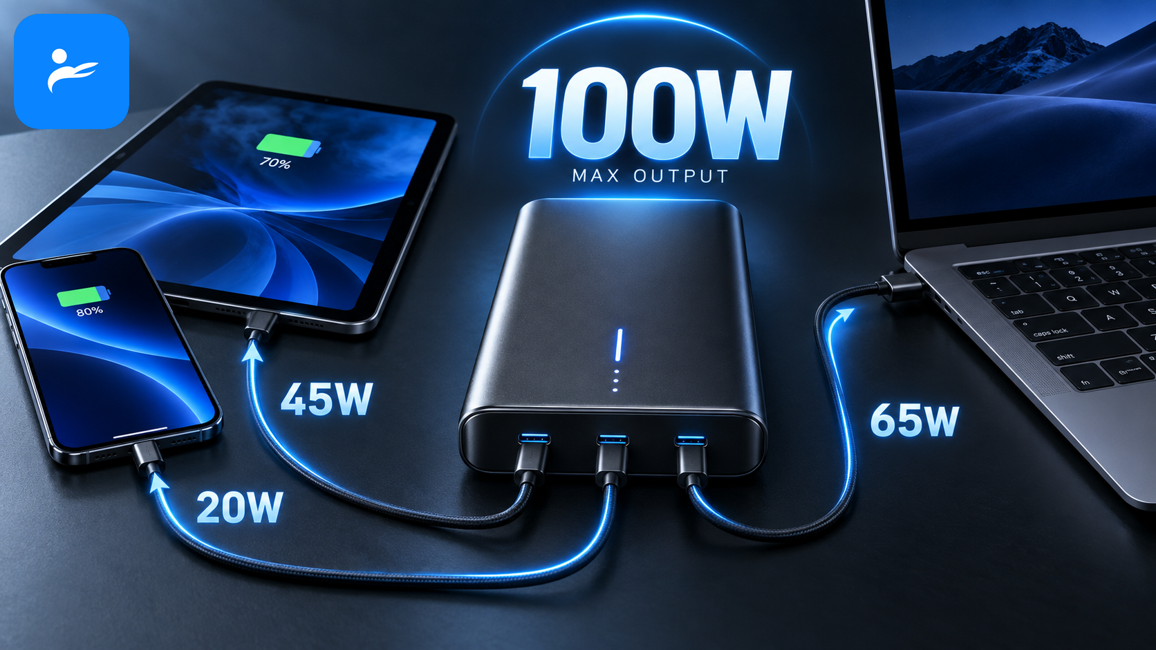 USB-C 行動電源同時替手機、平板與筆電快充，畫面標示 20W、45W、65W 與 100W