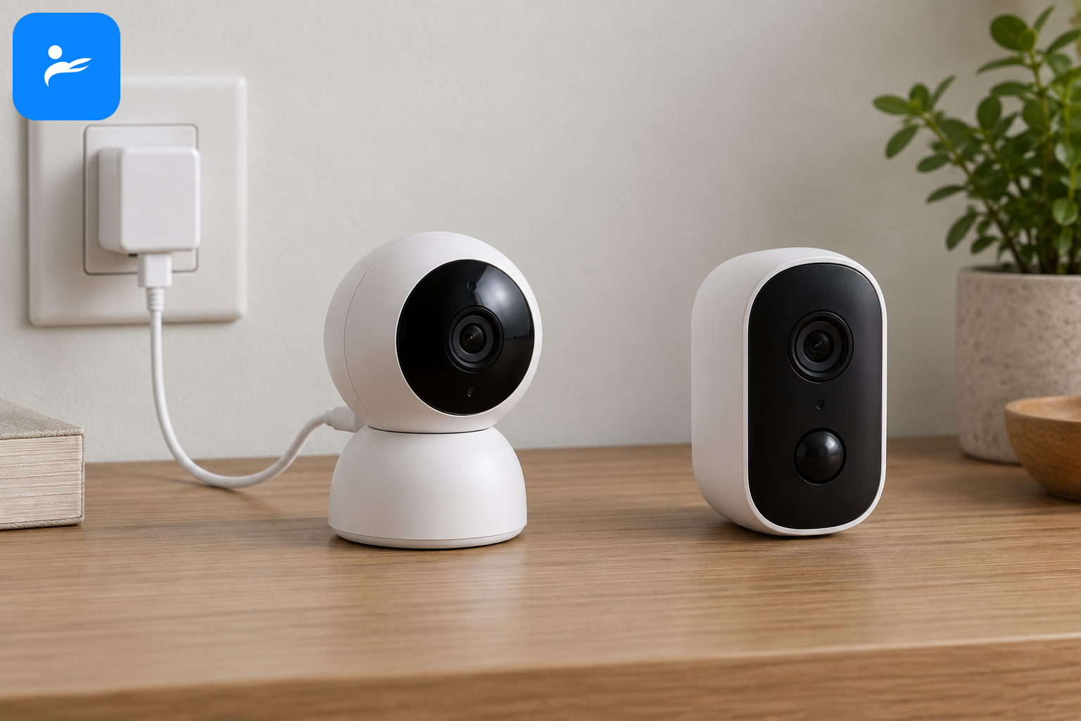 Wi-Fi 無線監視器仍連接電源線,旁邊另有一台電池攝影機作對照