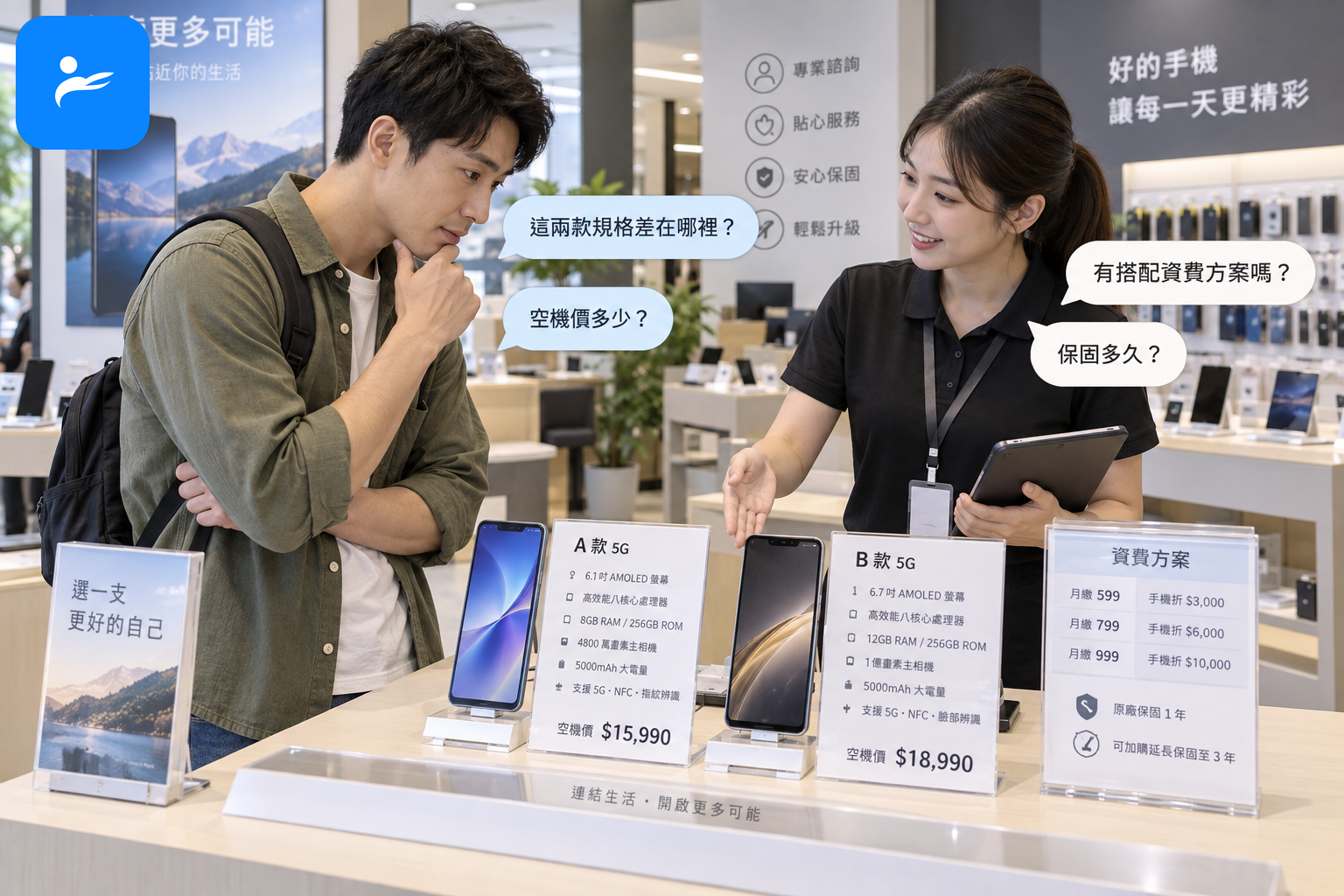 消費者在手機門市比較規格與詢問價格,畫面呈現常見問題對話框