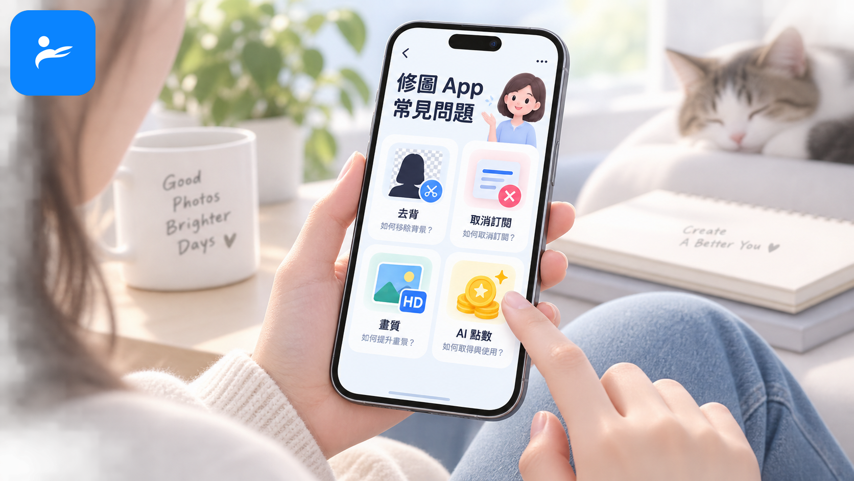 使用者拿著手機查看修圖 App 常見問題，畫面包含去背、取消訂閱、畫質及 AI 點數圖示