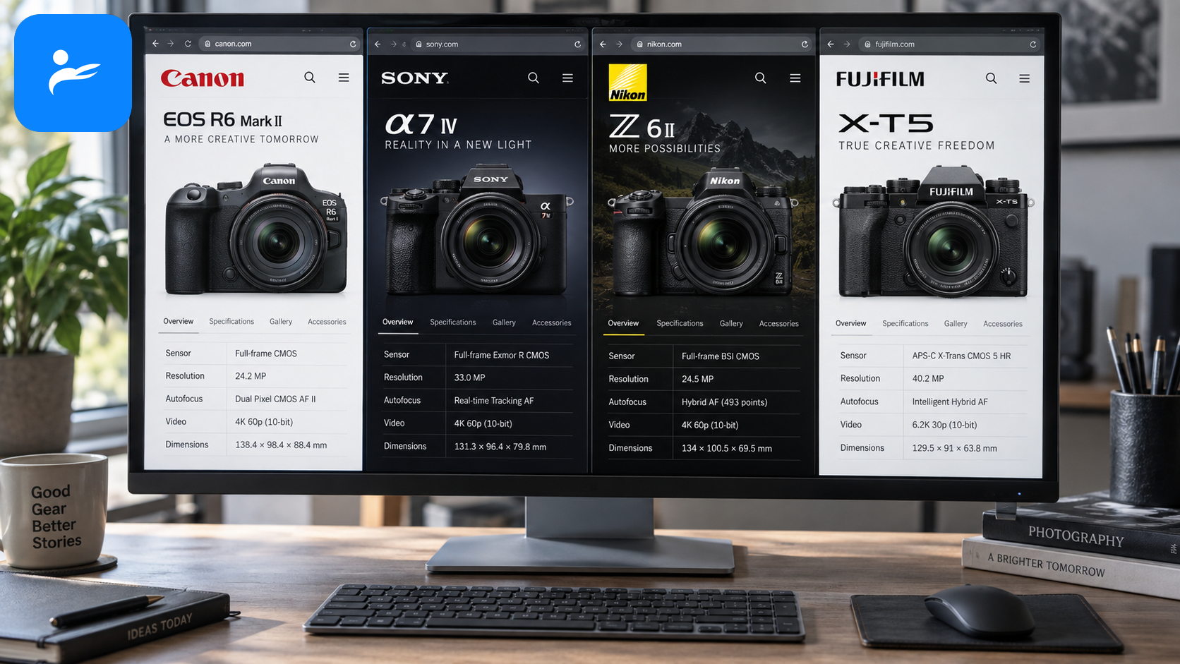 Canon、Sony、Nikon 與 FUJIFILM 官方相機規格頁面在電腦螢幕上並排顯示
