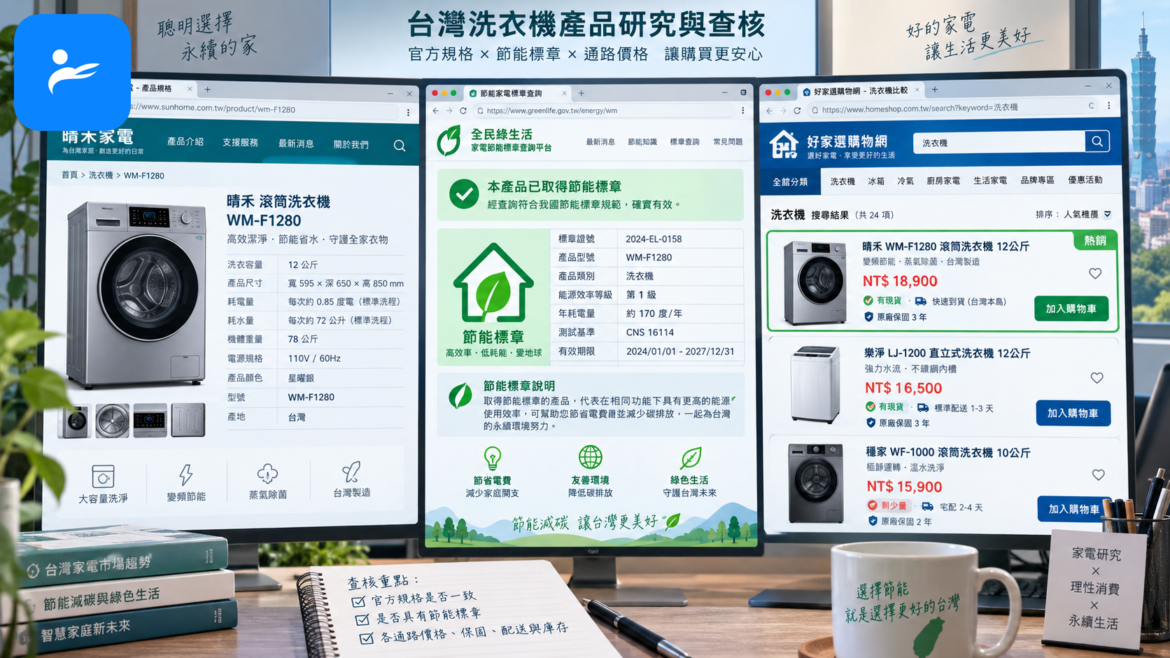 台灣洗衣機官方規格、節能標章與家電通路資料查核畫面