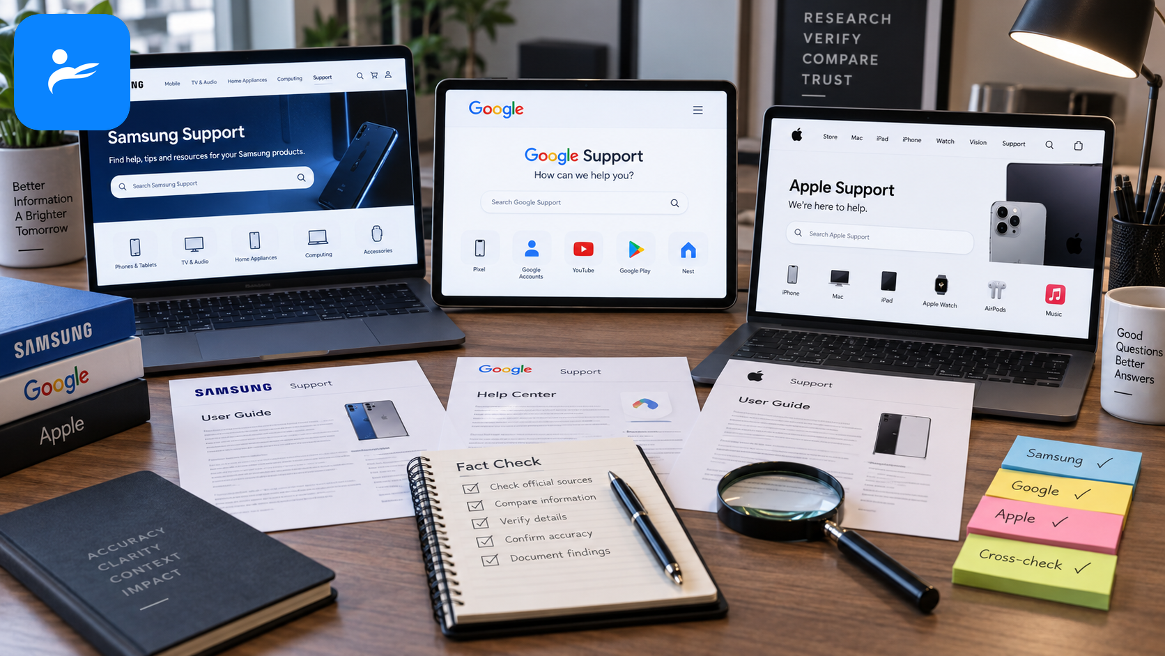 Samsung、Google與Apple官方網站及支援文件排列在資料查核桌面上