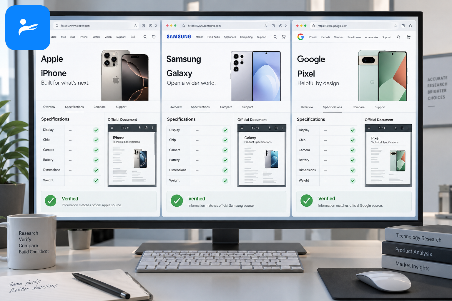 Apple、Samsung 與 Google 官方網站及手機規格文件整齊排列的資料查證畫面