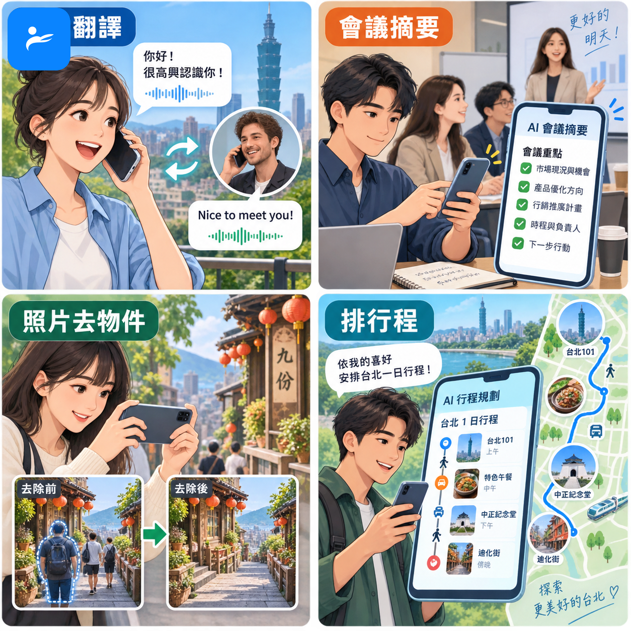 台灣使用者以 AI 手機進行通話翻譯、會議摘要、照片去物件與排行程的四格情境圖