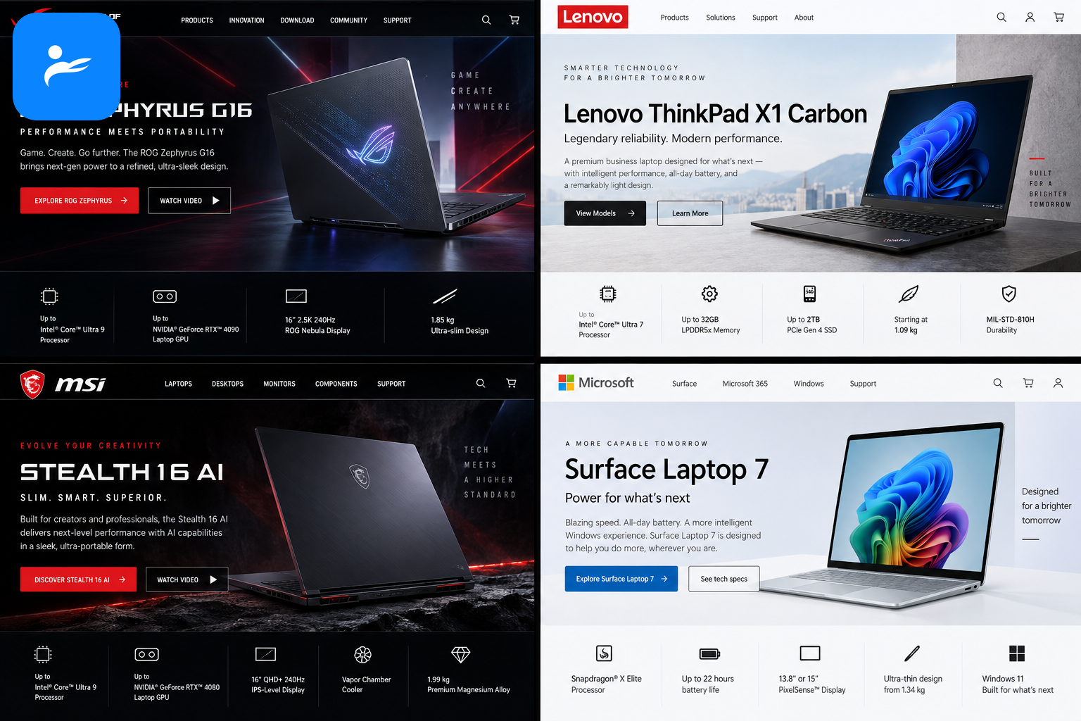 ASUS ROG、Lenovo、MSI 與 Microsoft 官方產品資料頁整齊排列