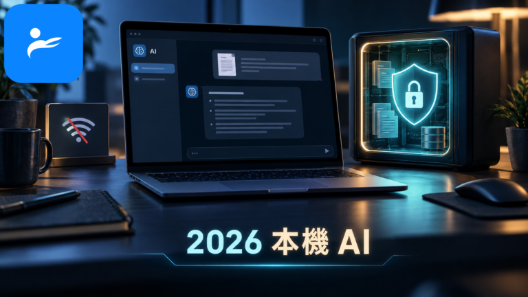筆電在沒有網路的環境中執行 AI 對話與文件摘要，旁邊顯示資料留在裝置內