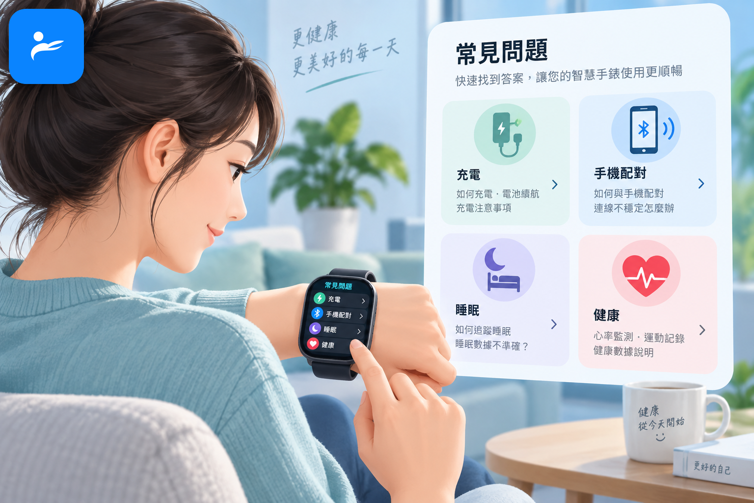 消費者查看智慧手錶常見問題,畫面包含充電、手機配對、睡眠與健康圖示