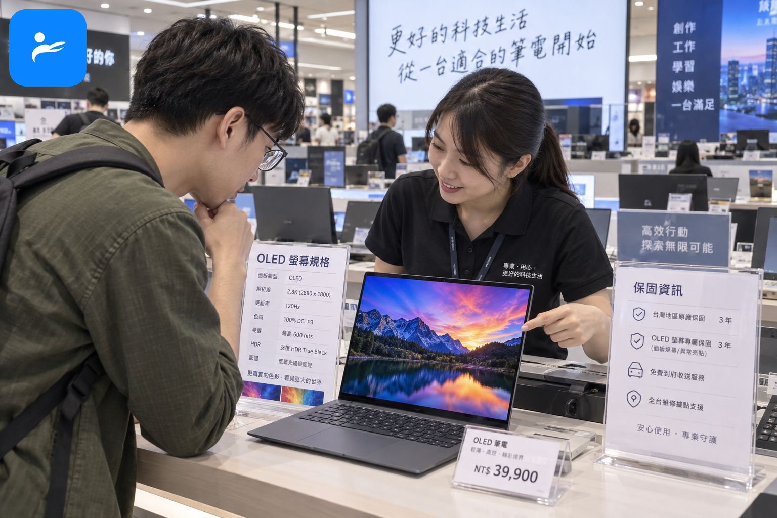 消費者在台灣電腦賣場核對 OLED 筆電螢幕規格與保固
