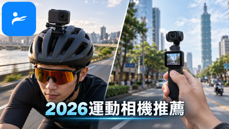 Action 相機固定在自行車安全帽，旁邊是手持口袋雲台相機拍攝街景的比較畫面