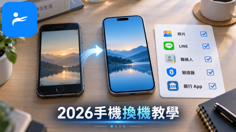 新舊兩支手機放在桌面上,旁邊列出照片、LINE、聯絡人、驗證器與銀行 App 備份清單