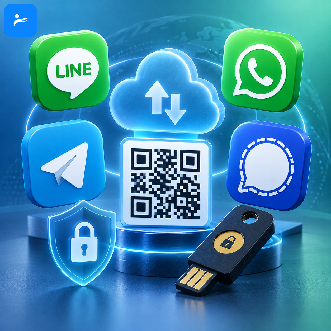 LINE、WhatsApp、Telegram與Signal通訊軟體圖示，搭配雲端備份、QR code及安全金鑰