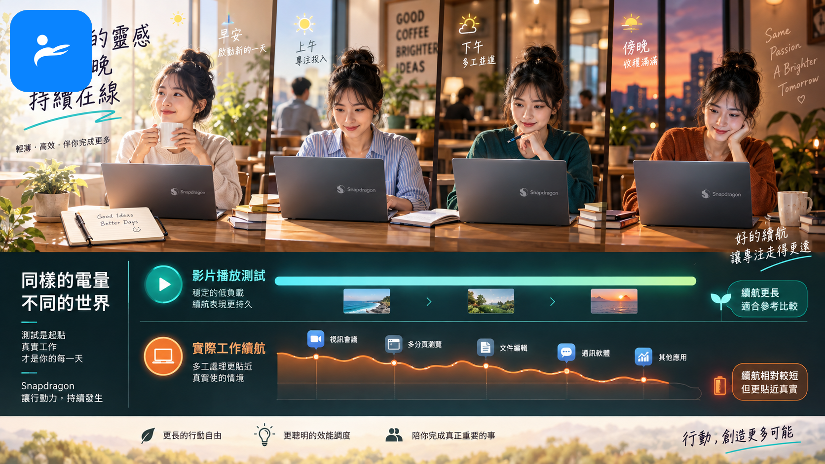 咖啡店內使用 Snapdragon 筆電一整天，旁邊以時間軸比較影片測試與實際工作續航