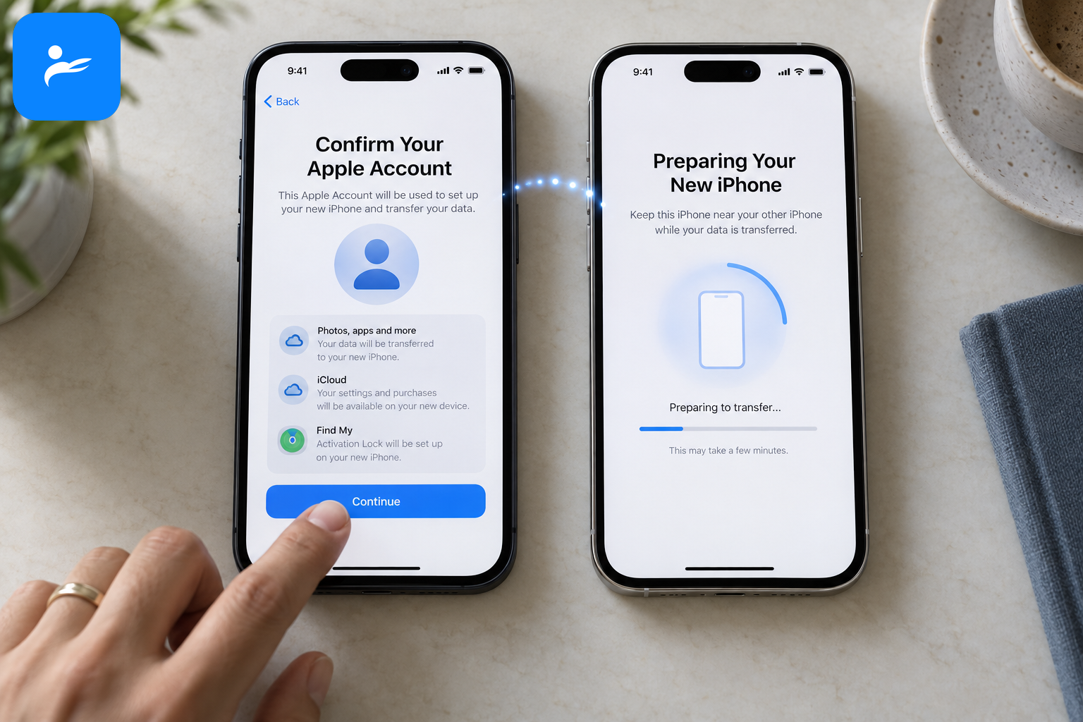 兩支靠近擺放的iPhone顯示快速開始畫面，使用者正確認Apple帳號與資料移轉