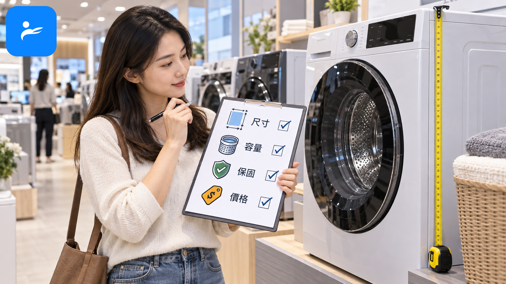 消費者在家電賣場用檢查表確認洗脫烘尺寸、容量、保固與價格
