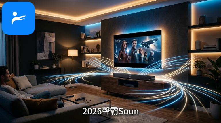 客廳薄型電視下方擺放一台精緻黑色 Soundbar，呈現正面聲波擴散與劇院環繞效果的示意圖