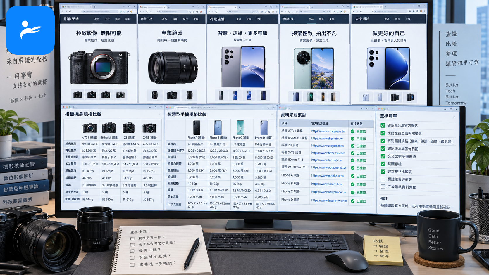 台灣各相機與手機品牌官方網站及產品規格頁面組成的資料查核畫面
