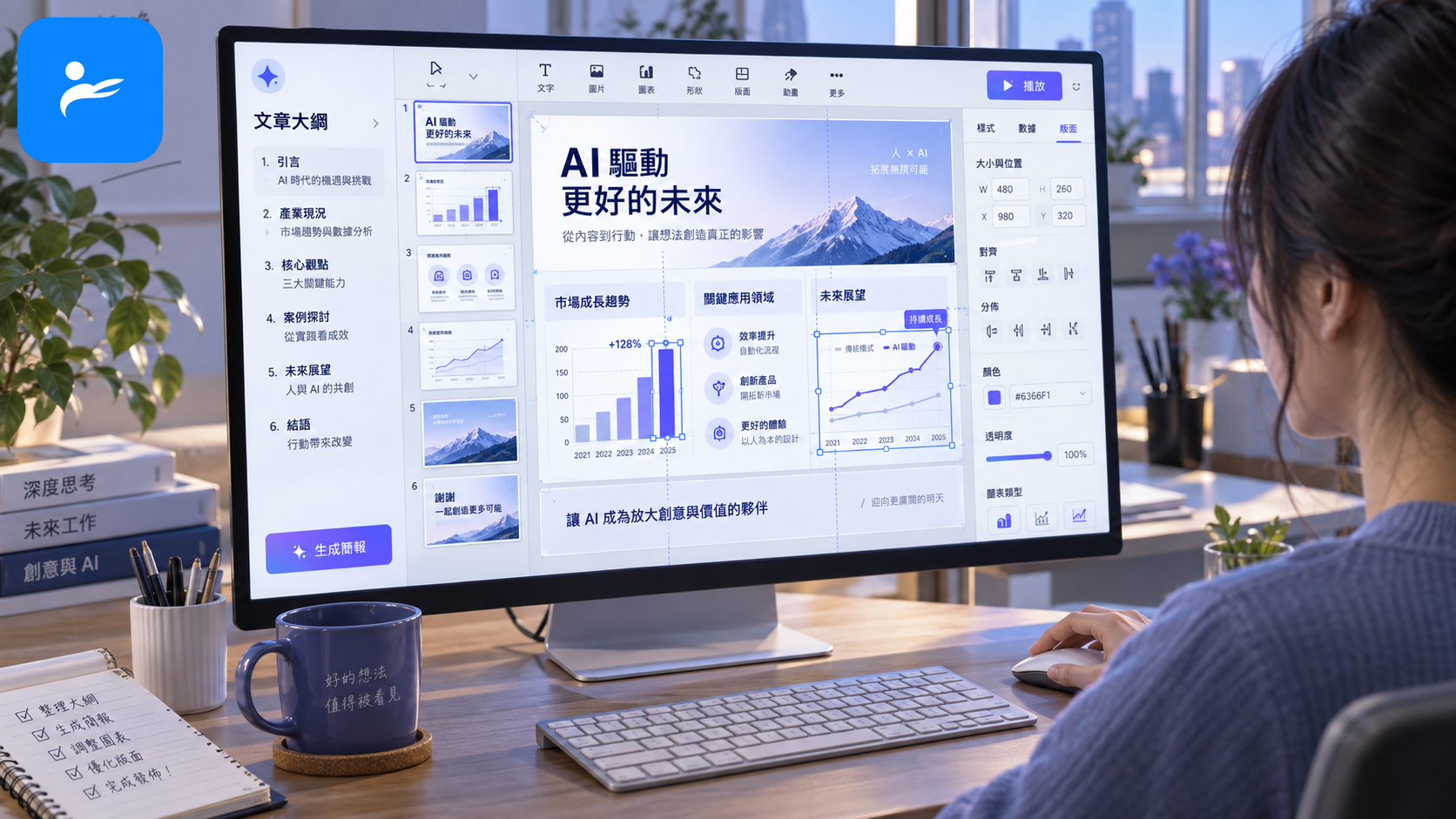 使用AI將文章大綱轉成簡報並在電腦上調整圖表與版面的畫面