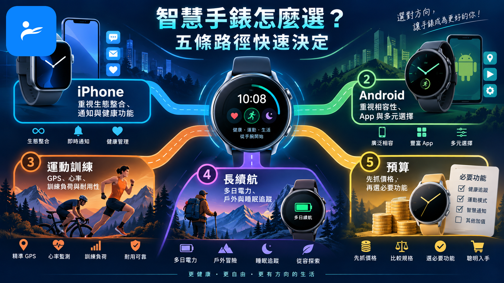 依 iPhone、Android、運動訓練、長續航與預算五條路徑選擇智慧手錶