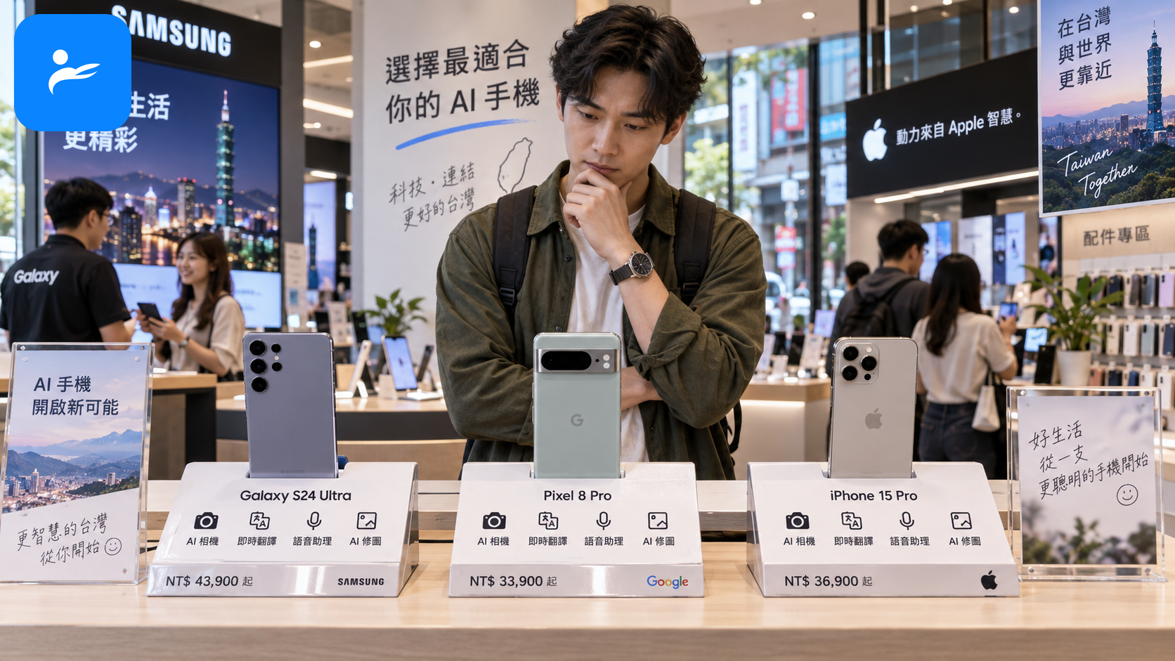 消費者在台灣手機門市比較 Galaxy、Pixel 與 iPhone 的價格及 AI 功能