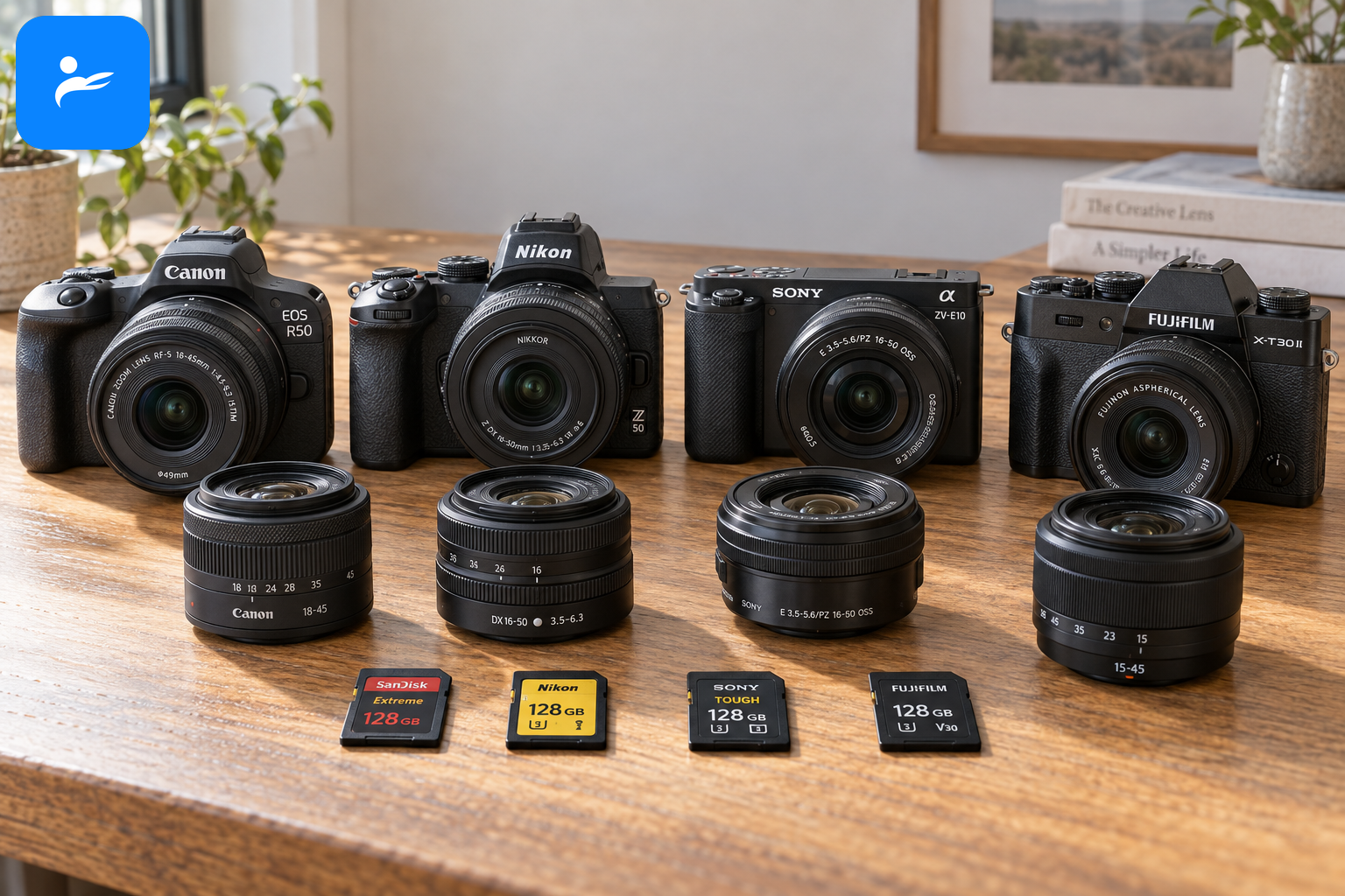 Canon、Nikon、Sony 與 Fujifilm 入門微單眼擺在木桌上,旁邊放著套裝鏡頭與記憶卡