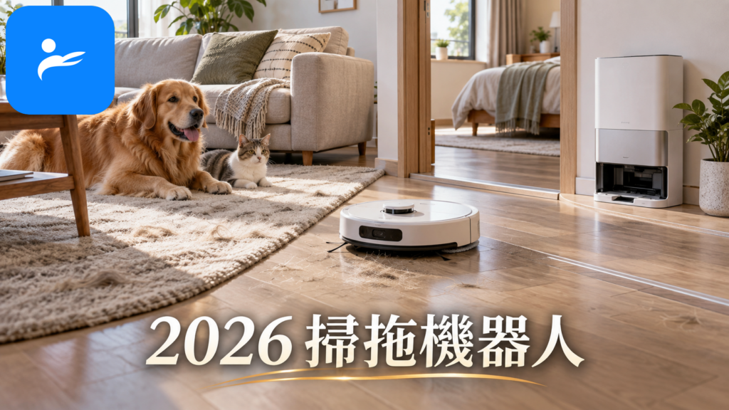 台灣住宅客廳內有掃拖機器人、地毯、門檻、寵物毛髮與全能基站,呈現選購時的常見考量