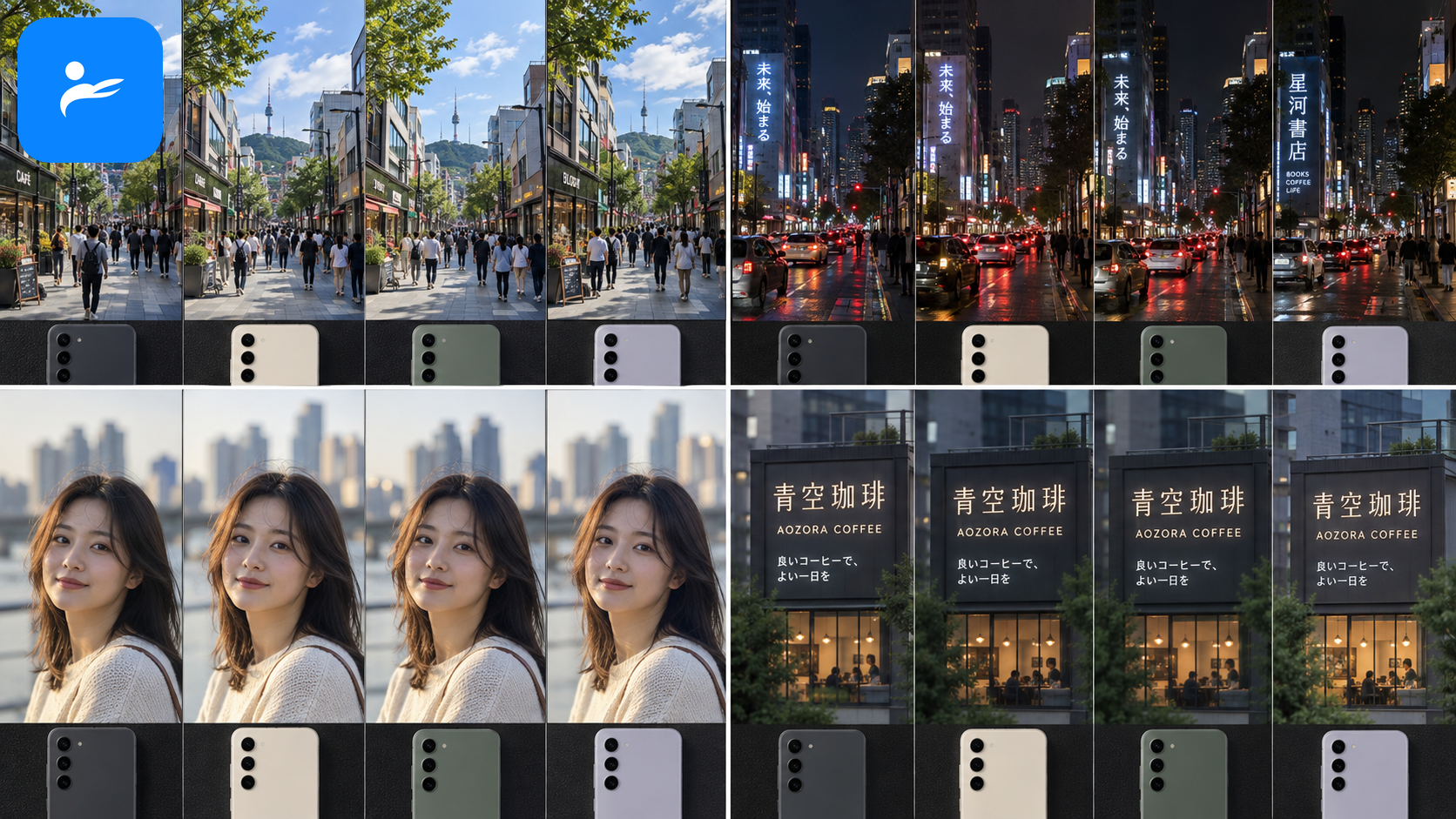 四款中階手機拍攝白天街景、夜景、人像與遠距招牌的比較情境