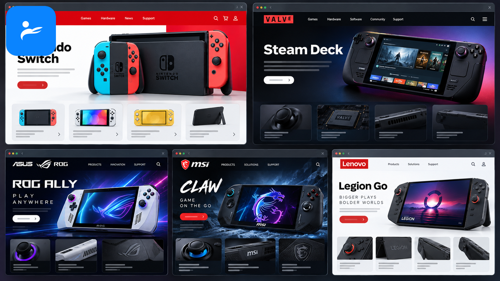 任天堂、Valve、ASUS ROG、MSI與Lenovo官方產品資料頁面