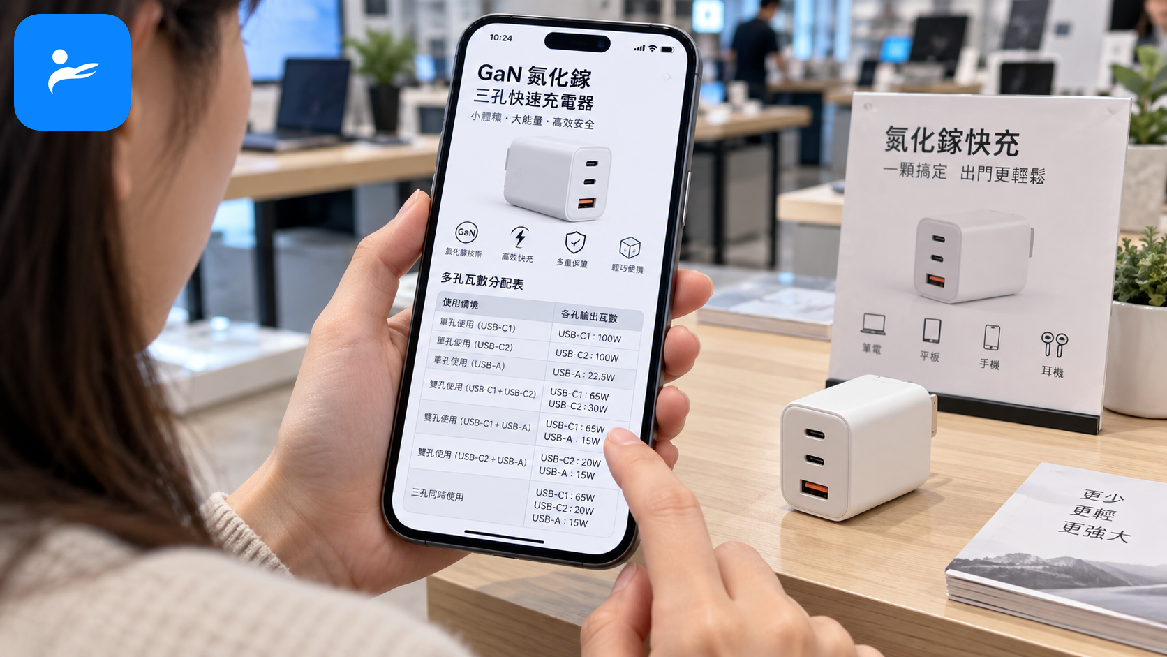 消費者拿著手機查看GaN充電器規格與多孔瓦數分配表