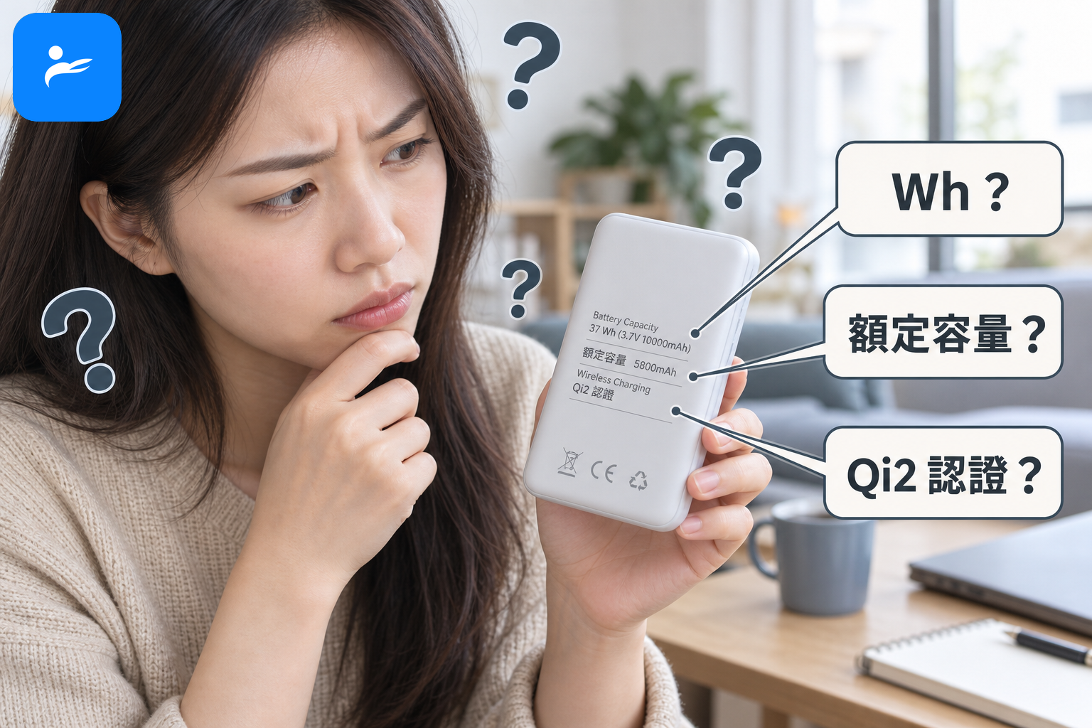 消費者拿著行動電源查看背面 Wh、額定容量與 Qi2 認證,周圍排列常見問號圖示