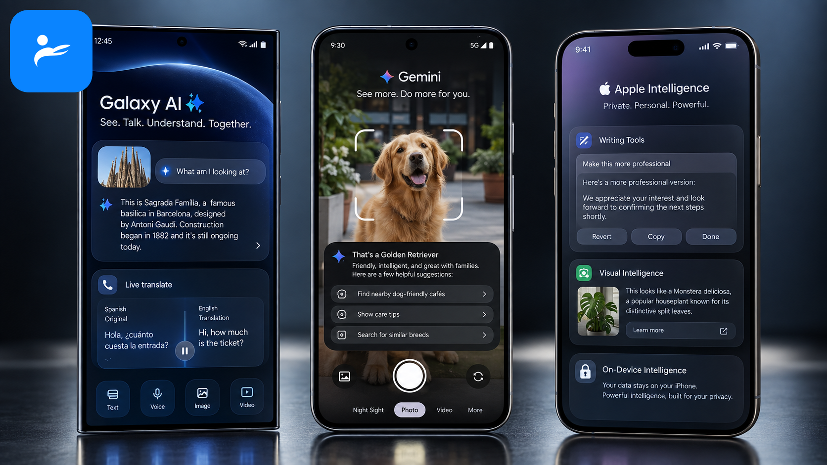 Galaxy S26、Pixel 11 Pro 與 iPhone 18 Pro 並排顯示各自 AI 功能介面