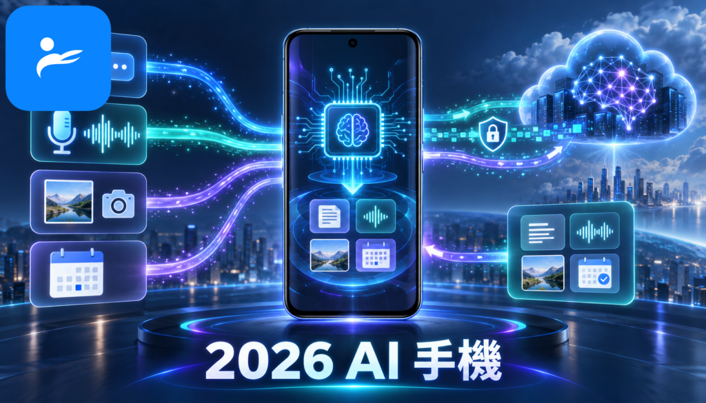 AI 手機將文字、語音、照片與行事曆交由裝置端及雲端模型處理的流程示意圖