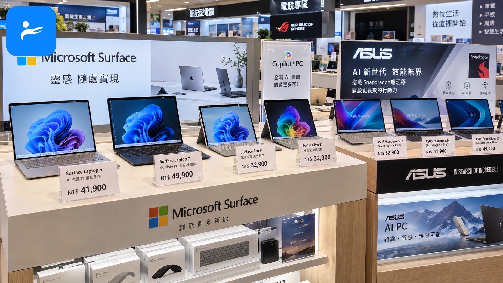 台灣通路展示多款 Surface 與 ASUS Snapdragon 筆電，價格標示為新台幣