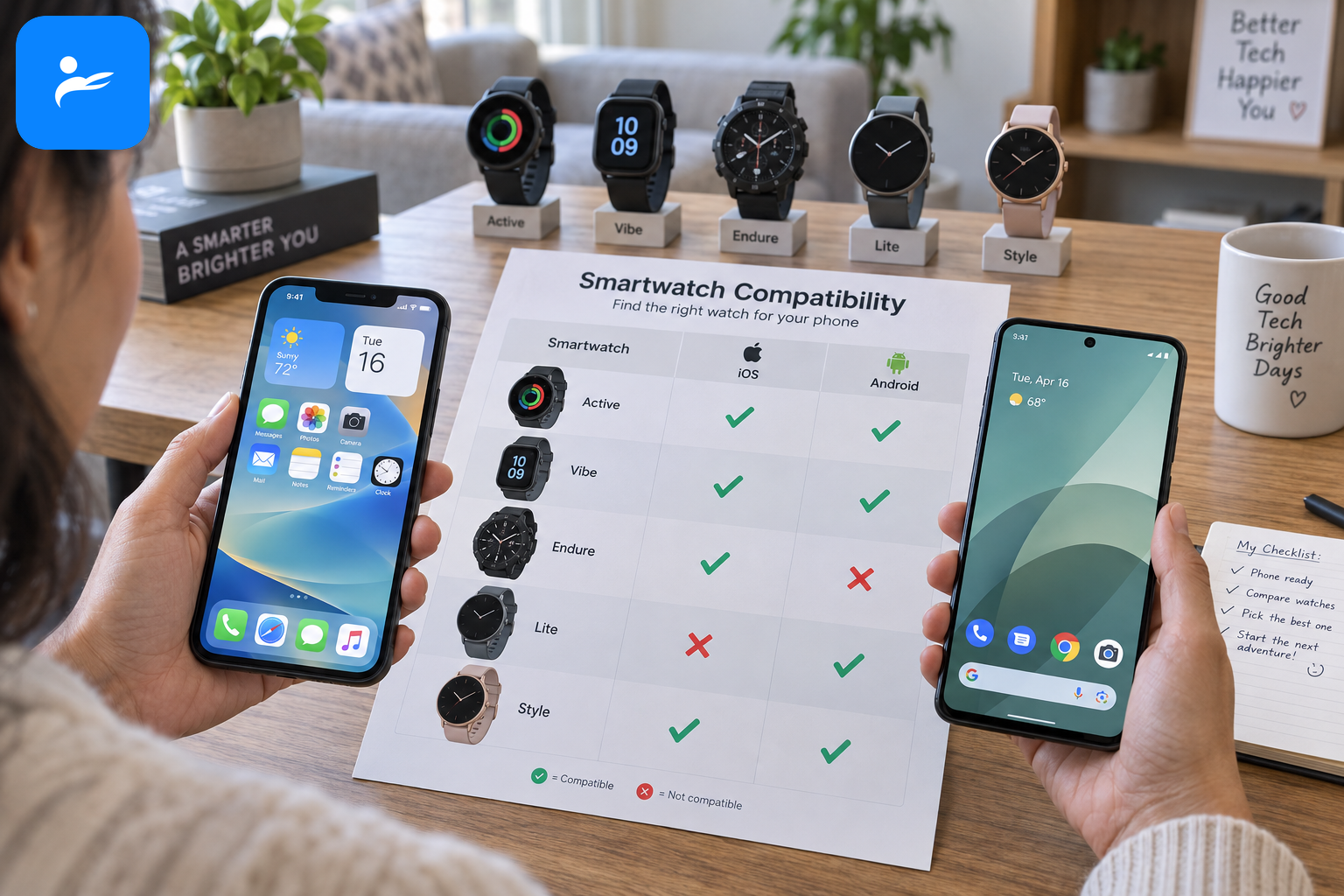 消費者拿著 iPhone 與 Android 手機,確認不同智慧手錶的相容性清單