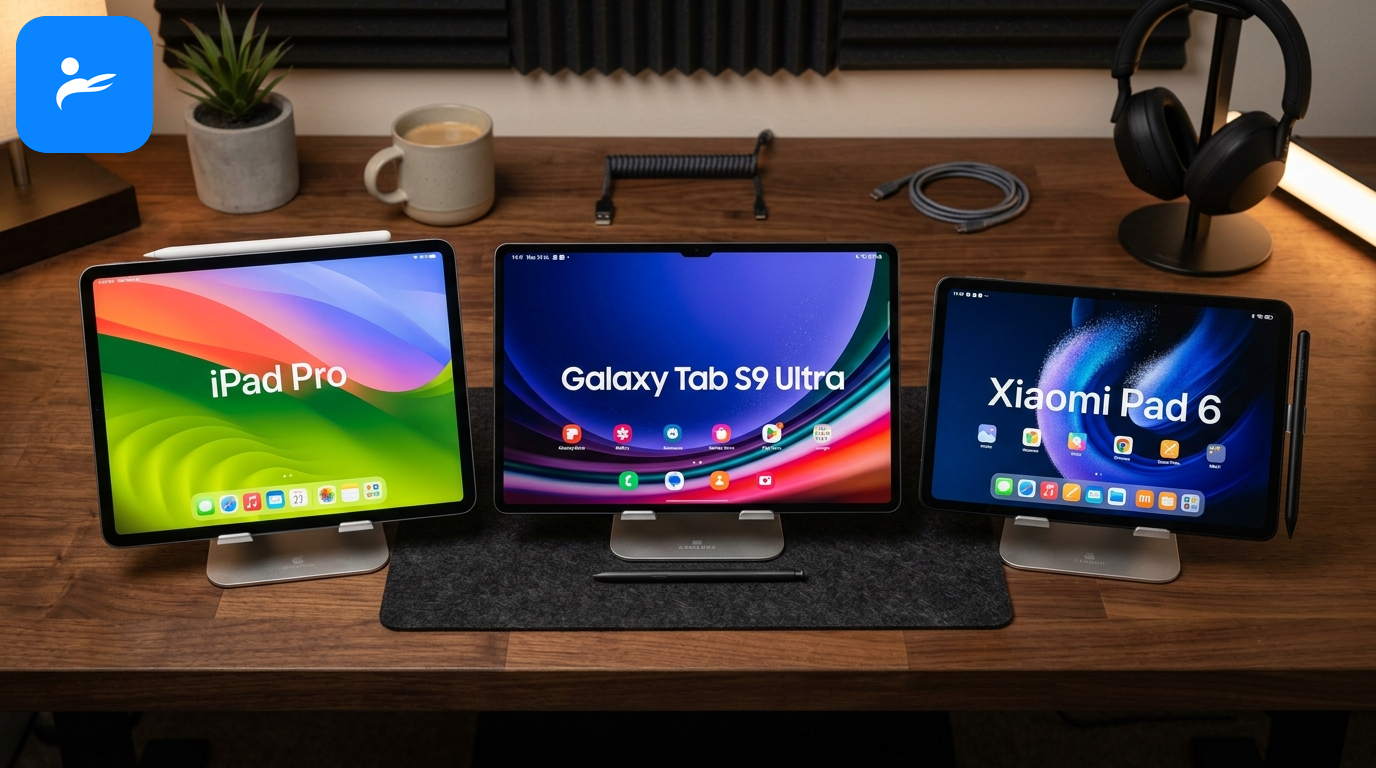 3C 評測桌面上整齊陳列 iPad、三星與小米多款熱門平板電腦實機
