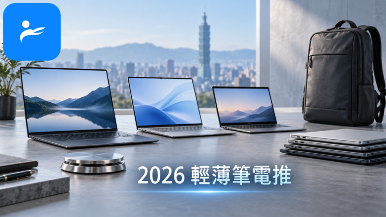 不同尺寸輕薄筆電放在磅秤與背包旁，呈現重量、厚度和攜帶性的差異