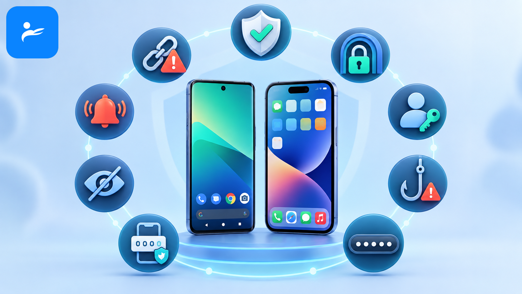 Android 與 iPhone 周圍排列手機防毒、詐騙連結、VPN與帳號安全的常見問題圖示