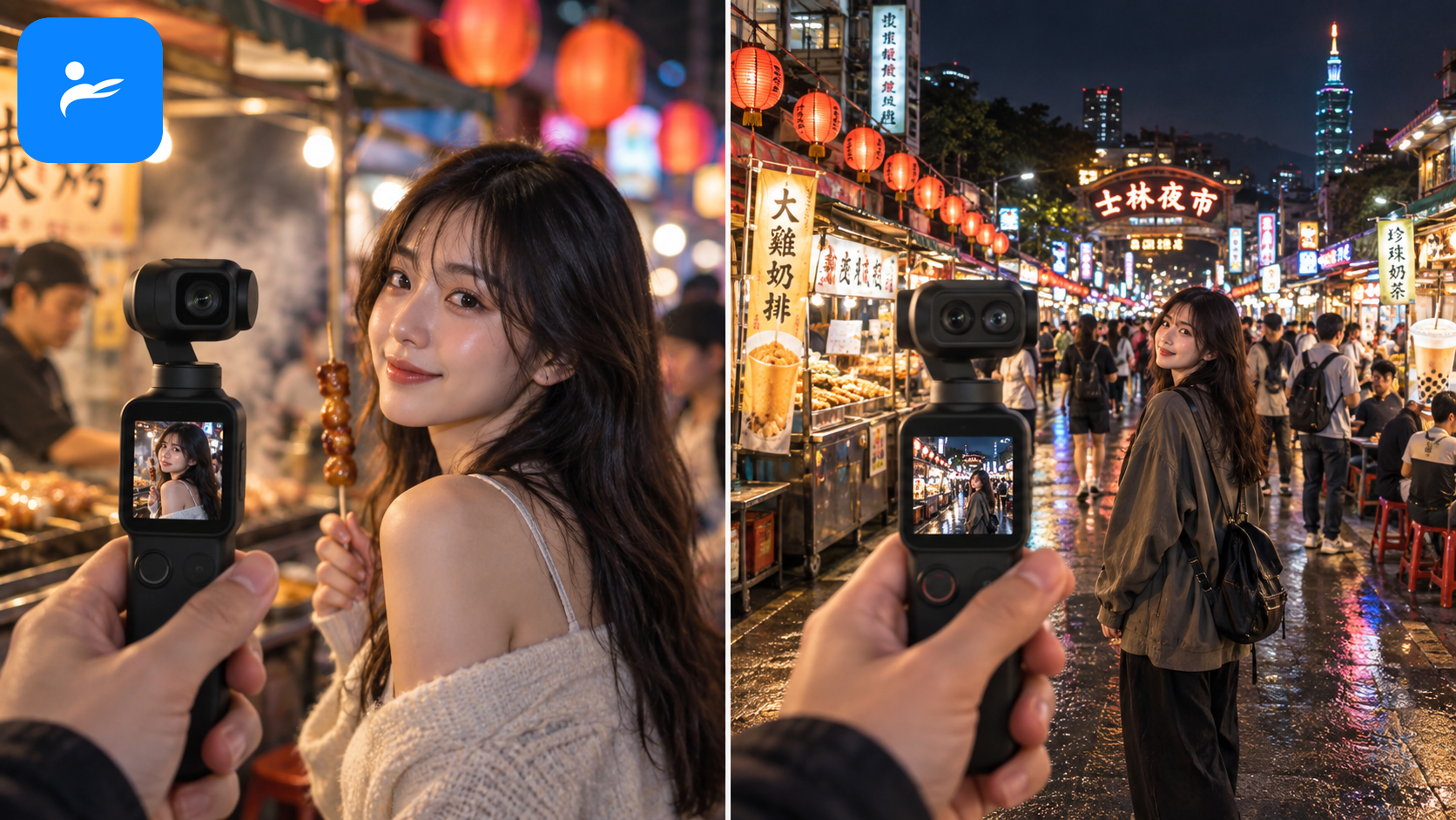DJI Osmo Pocket 4 與雙鏡頭 Pocket 4P 在夜市拍攝人像和街景的比較畫面