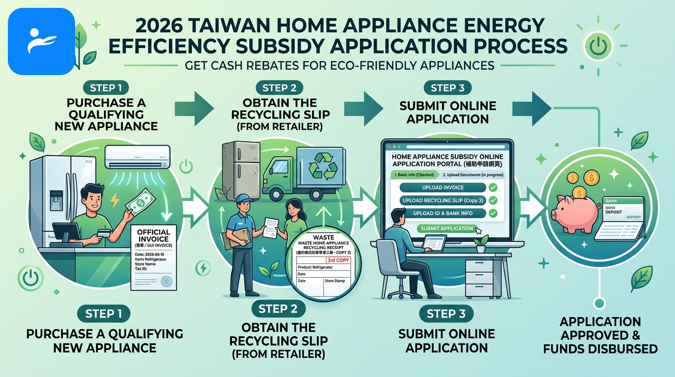 2026 家電節能補助申請流程示意圖,展示廢四機回收聯單第三聯、發票與線上申請系統步驟