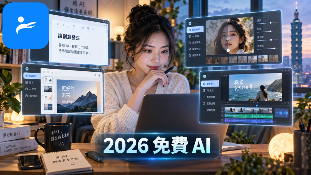 台灣使用者在筆電前比較文書、修圖、簡報與影音 AI 工具介面