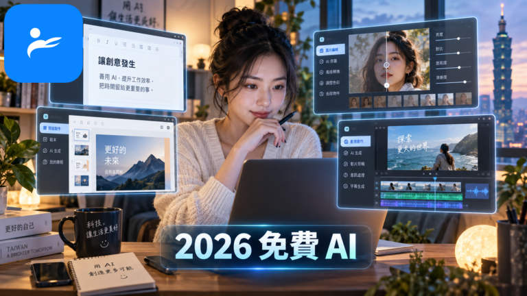 台灣使用者在筆電前比較文書、修圖、簡報與影音 AI 工具介面