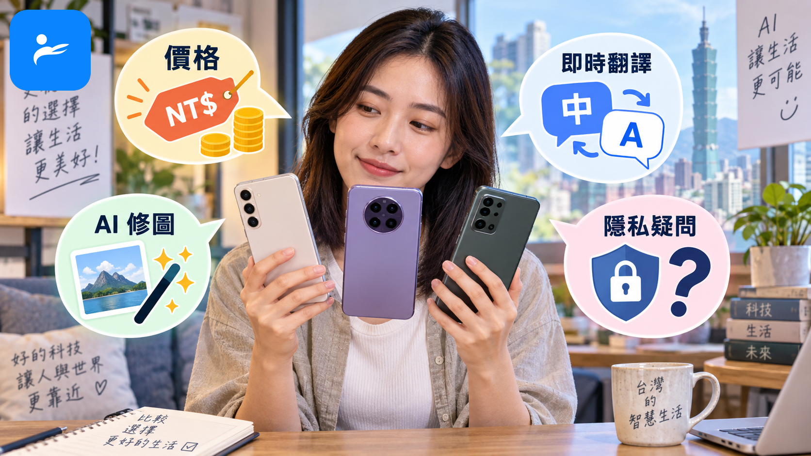 台灣消費者拿著三款 AI 手機，畫面周圍顯示價格、翻譯、修圖及隱私問號
