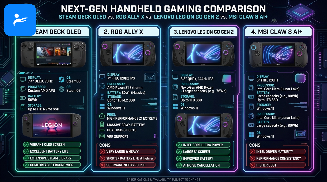 Steam Deck OLED、ROG Xbox Ally X、Legion Go Gen 2與MSI Claw 8 AI+的優缺點卡片