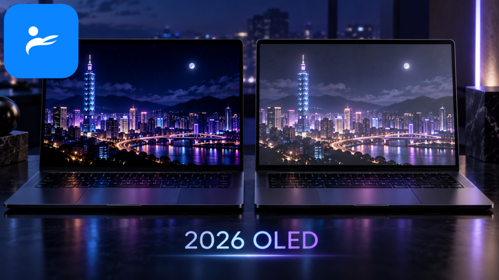 OLED 與 IPS LCD 筆電並排顯示夜景,呈現黑色深度與對比差異