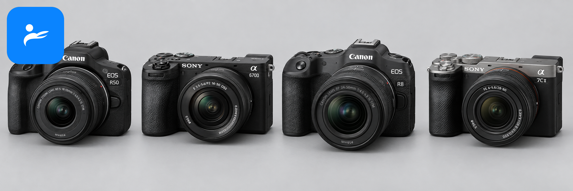 Canon EOS R50、Sony α6700、Canon EOS R8 與 Sony α7C II 四台相機並排展示