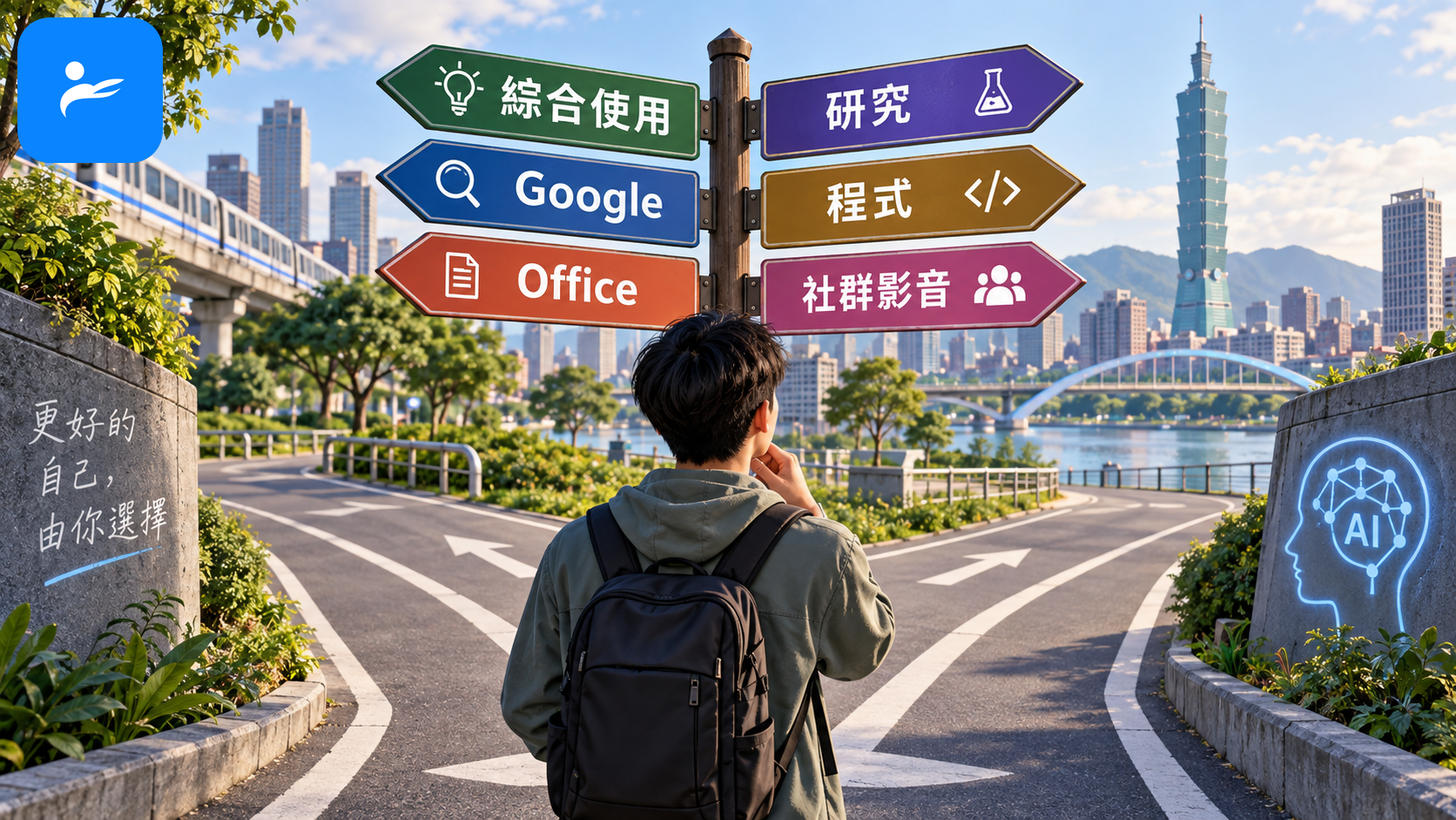 台灣使用者站在 AI 訂閱選擇分岔路口，路牌標示綜合使用、Google、Office、研究、程式與社群影音