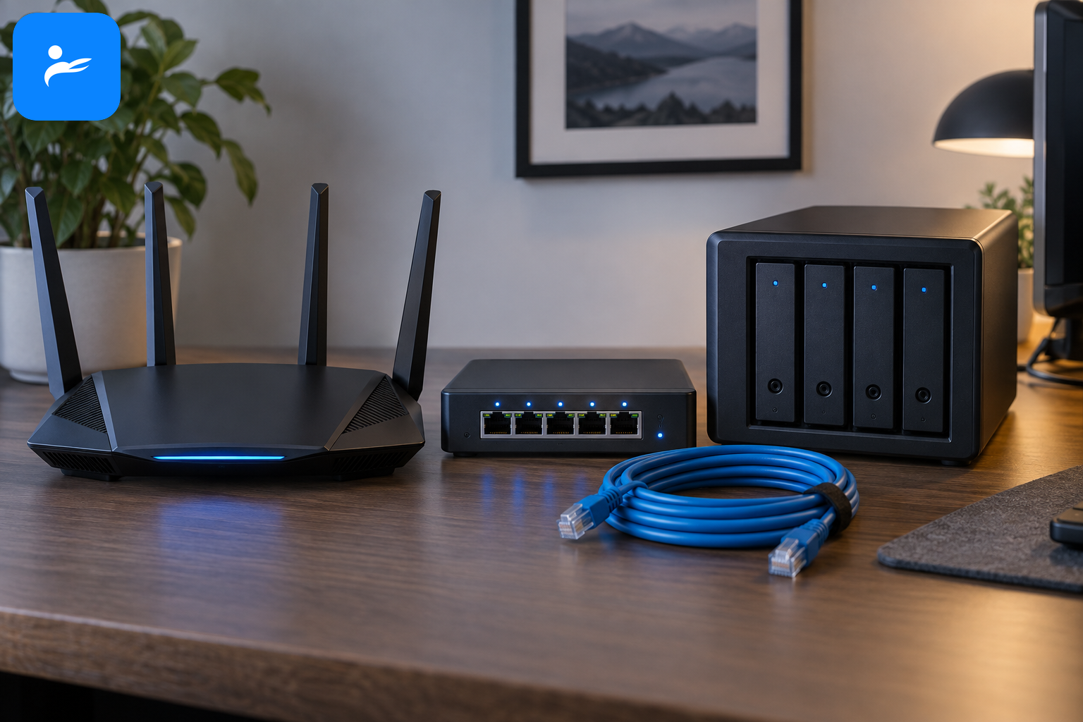 Wi-Fi 7 路由器旁放著 2.5G 交換器、Cat 6 網路線與 NAS