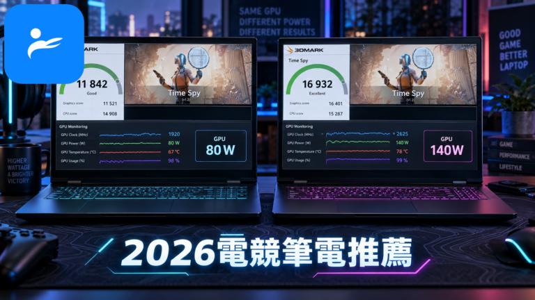 兩台相同顯卡型號但不同瓦數的電競筆電並排測試，螢幕顯示 3DMark 跑分差距與顯卡功耗即時監控